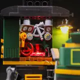 Illuminated locomotive cab interior.