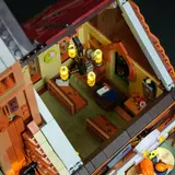 Overhead interior view with seating and chandelier.