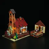 Modular building split, revealing interior.