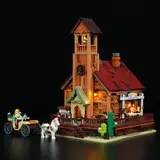 Night view of illuminated meeting hall with minifigures.