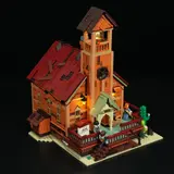 Corner view of illuminated hall, showing roof and brickwork.