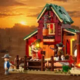Minifigure action at barn entrance, sunset.