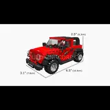 Red brick off-road vehicle with dimensions.