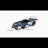 Blue and white brick-built supercar with overlaid dimension labels.