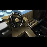 Detailed interior, steering wheel, gear shifter.