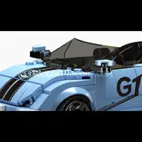 Front view, racing stripes, sloped windshield.